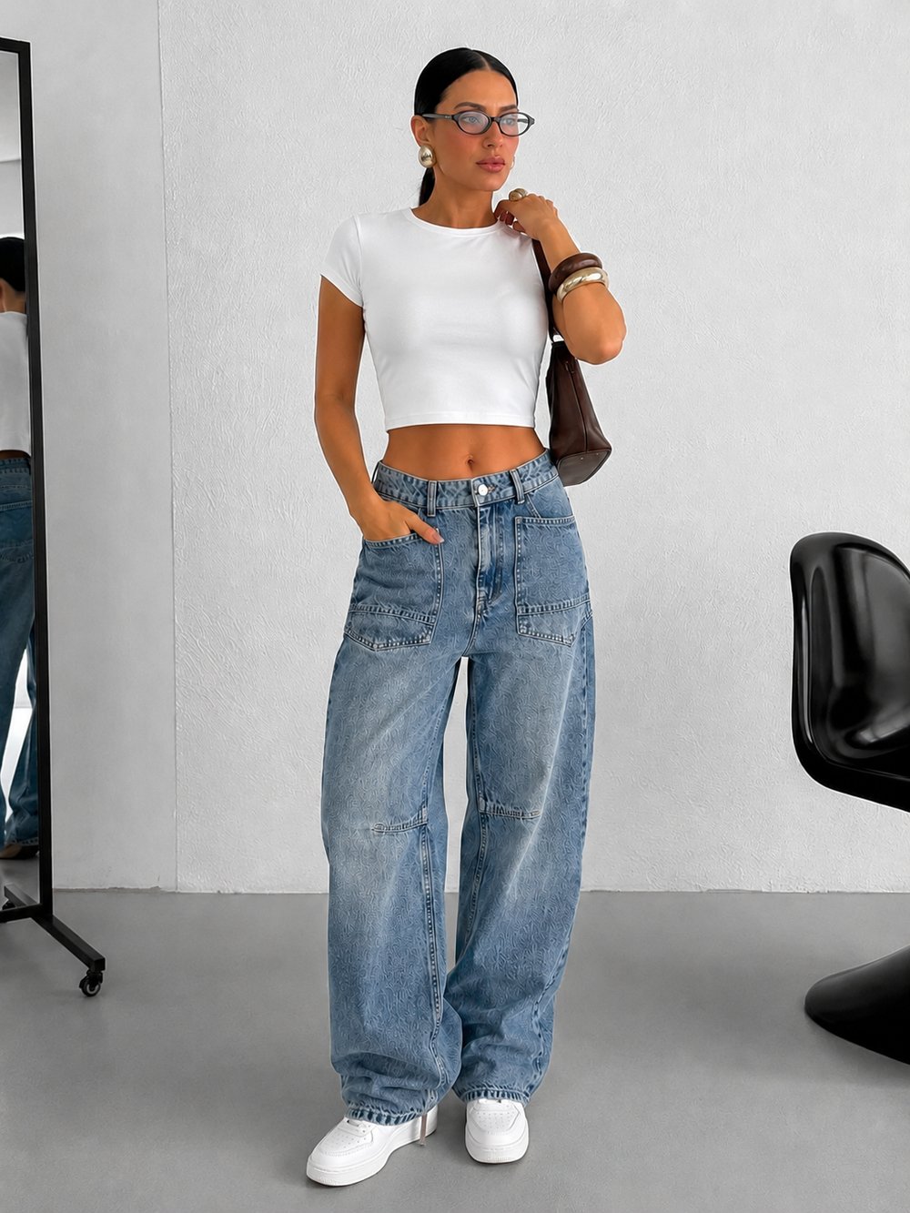 Kadın Açık Mavi Baggy Jean Pantolon Yüksek Bel Bol Paça Cep Detaylı Denim Pantolon