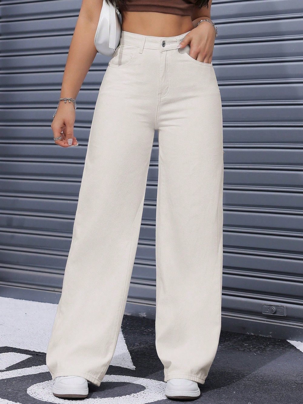Kadın Bej Yüksek Bel Wide Leg Jean Pantolon Bol Paça Rahat Kesim Günlük Denim