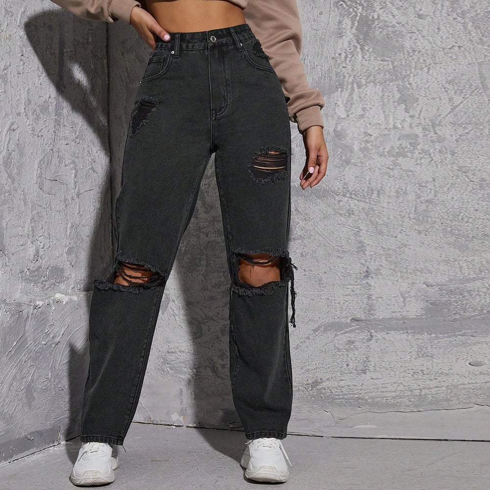 Kadın Yırtık Mom Jean Pantolon – Yüksek Bel Destroy Denim Pantolon