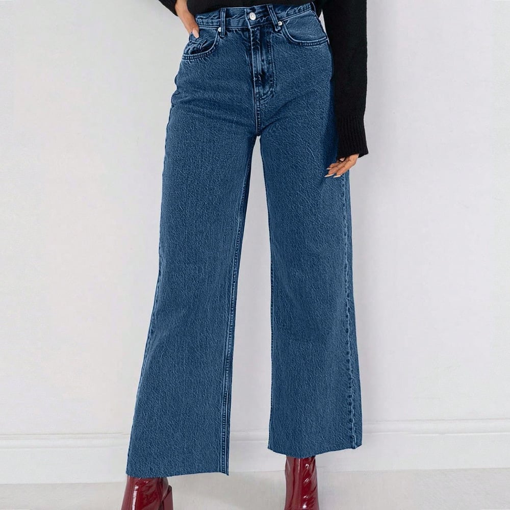 Kadın Yüksek Bel Mavi Cropped Bol Paça Jean — Wide Leg Kısa Paça Rahat Kesim Kot Pantolon