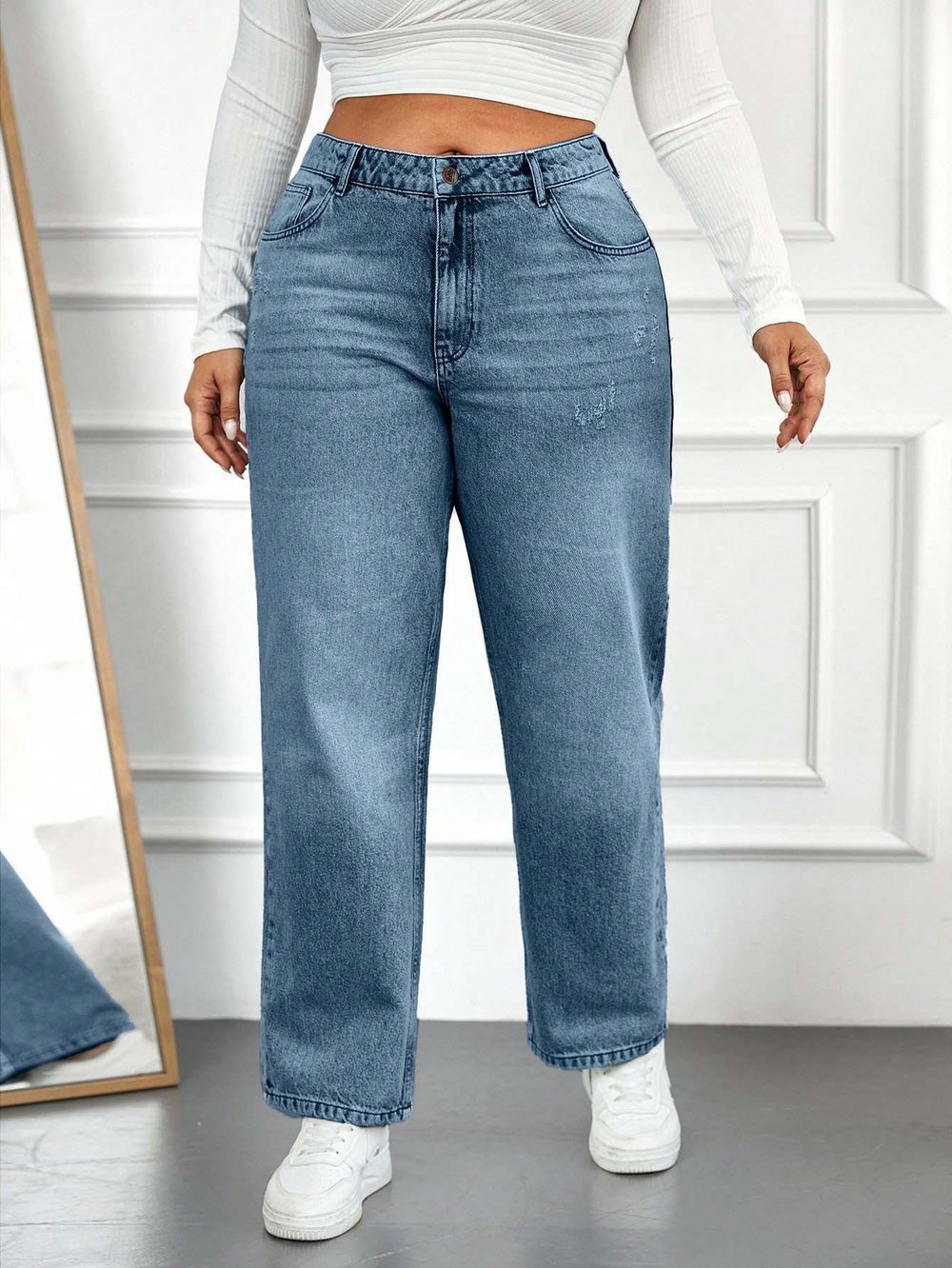 Kadın Yüksek Bel Mom Fit Mavi Kot Pantolon Battal