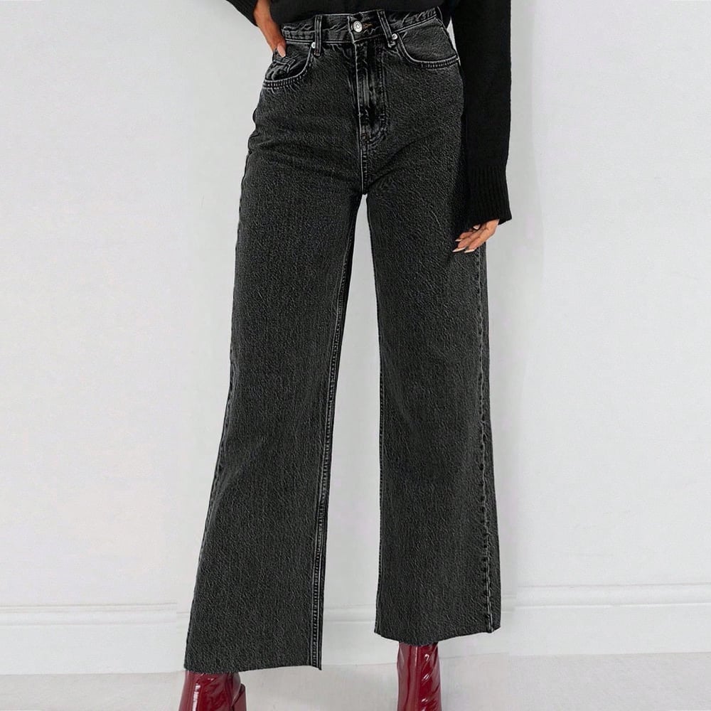 Kadın Yüksek Bel SiYAH Cropped Bol Paça Jean — Wide Leg Kısa Paça Rahat Kesim Kot Pantolon