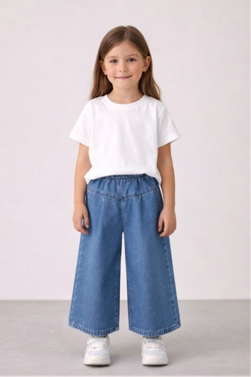 Kız Çocuk Geniş Paça Denim Pantolon – Lastikli Bel Rahat Kalıp