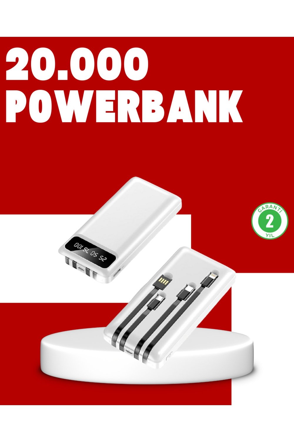 20.000mAh PD Powerbank LED Işık LCD Ekran Dahili Kablo Çoklu Giriş