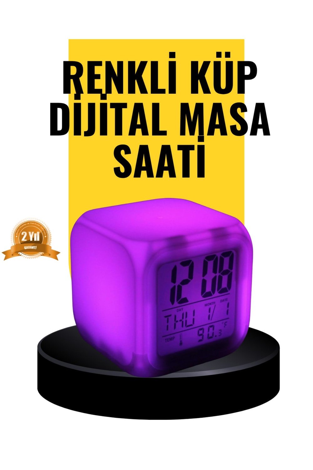 7 Renk LED Işıklı Alarmlı Dijital Küp Masa Saati Termometreli