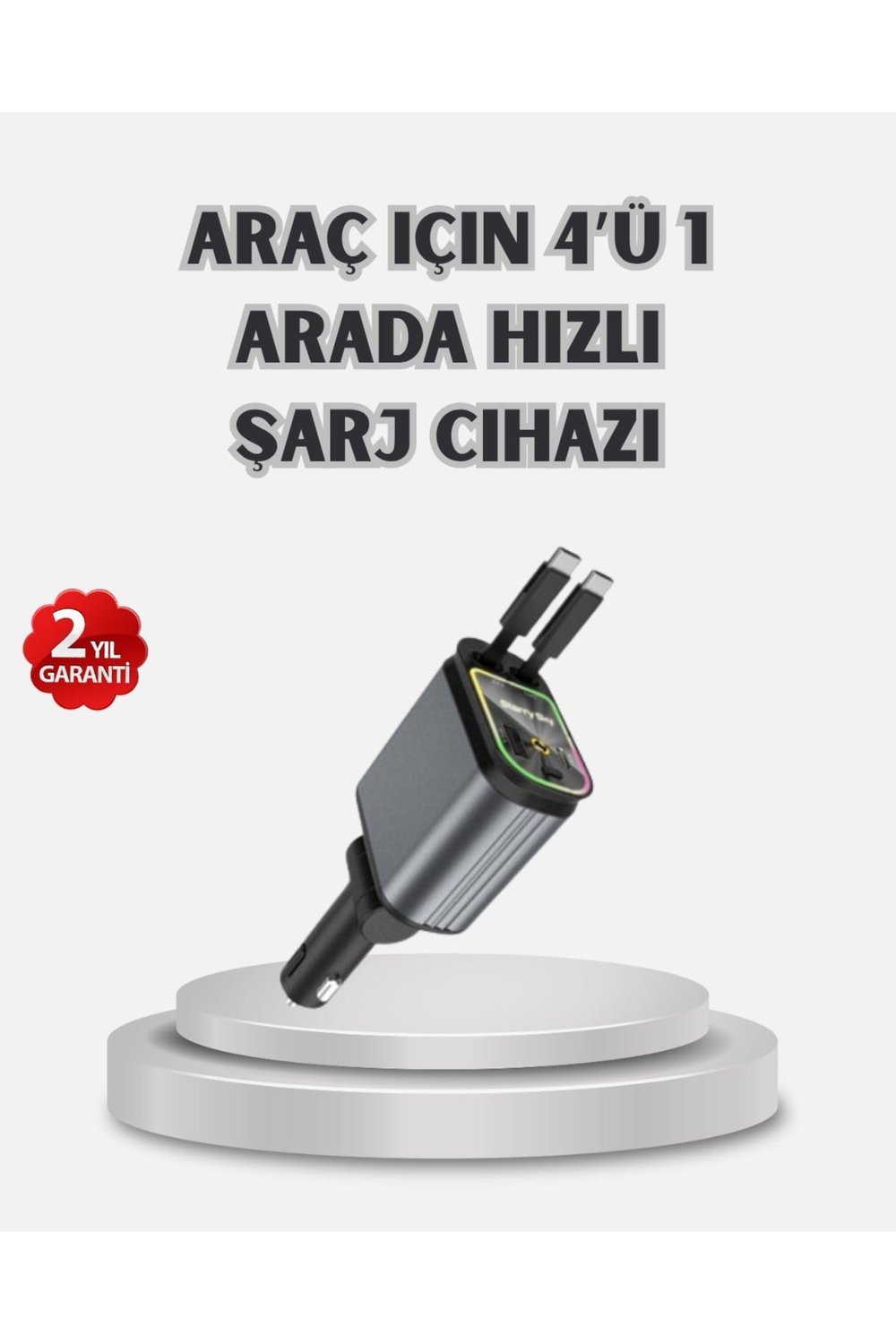 Araç Şarj Cihazı 4 Portlu 66W Hızlı Şarjlı LED Işıklı ve 180° Dönebilir