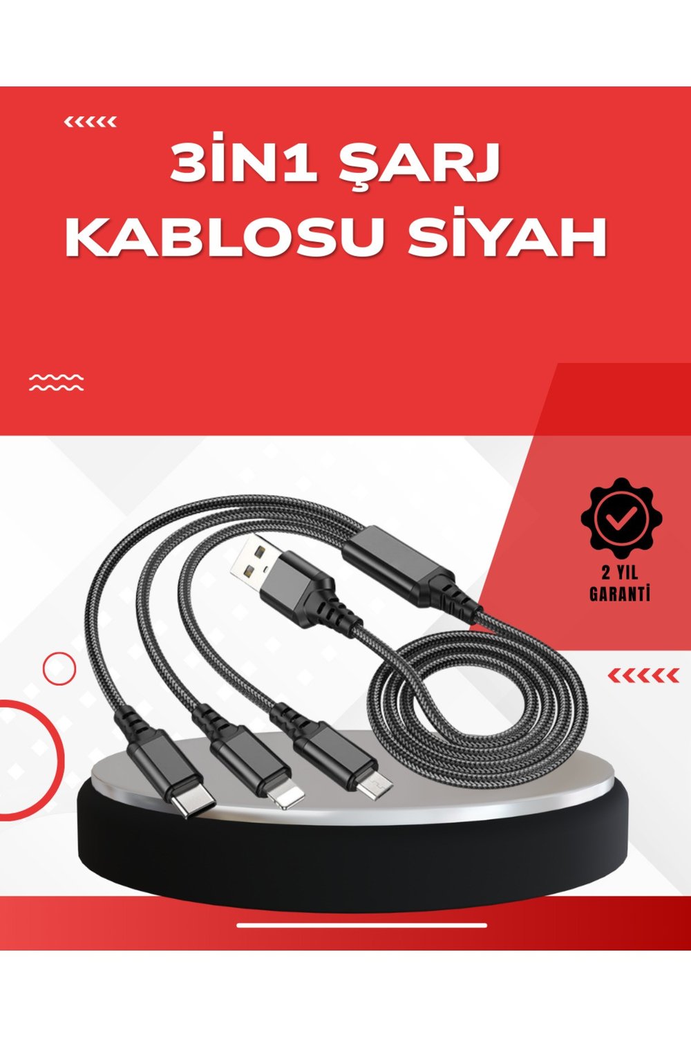 Dayanıklı Metal Başlıklı 3’ü 1 Arada Şarj Kablosu – Tüm Cihazlarla Uyumlu