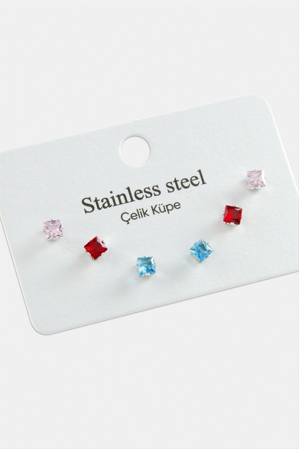 HN-SHOP 6 Adet Kare Zirkon Tek Taşlı Çelik Küpe-Renkli