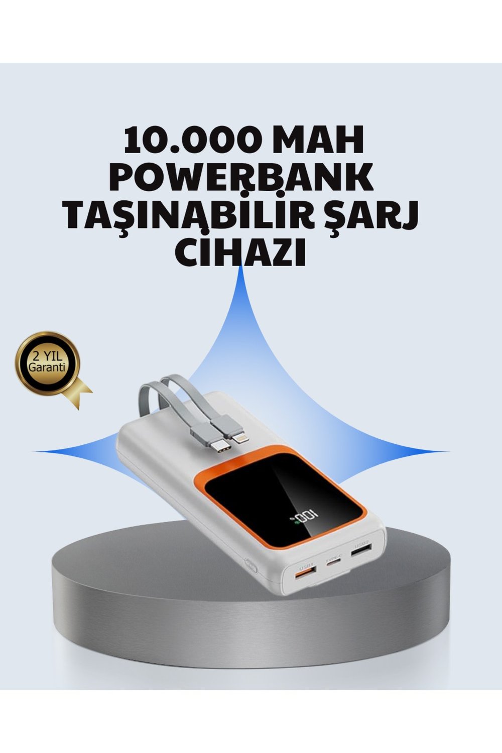 Kompakt 10000 mAh Powerbank – Dijital Göstergeli, Type-C ve Lightning Uyumlu