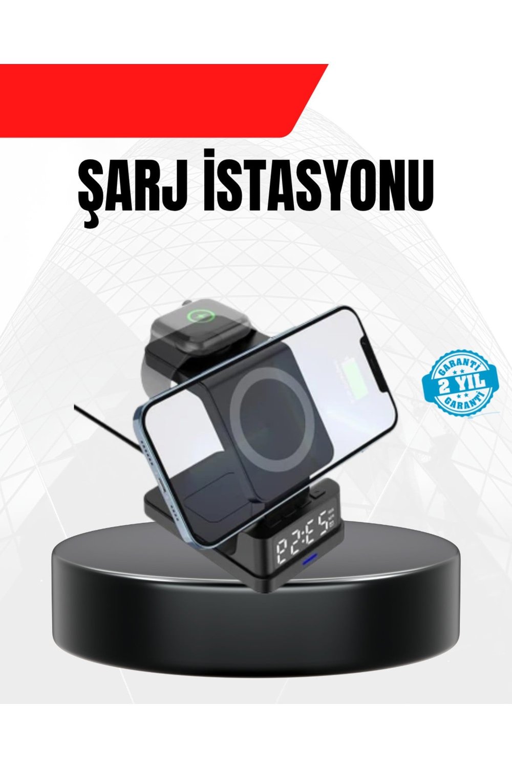LED Dijital Saatli Kablosuz Şarj Cihazı – 3 Parlaklık Ayarlı, Şarj Koruma Teknolojili