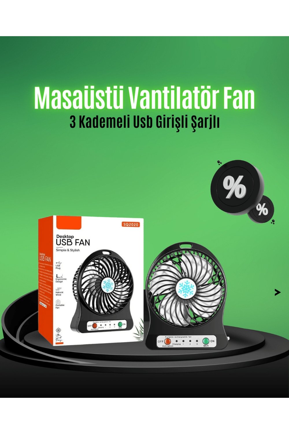Mini USB Fan – Şarj Edilebilir, Işıklı, 3 Kademe, Taşınabilir Masaüstü Vantilatör