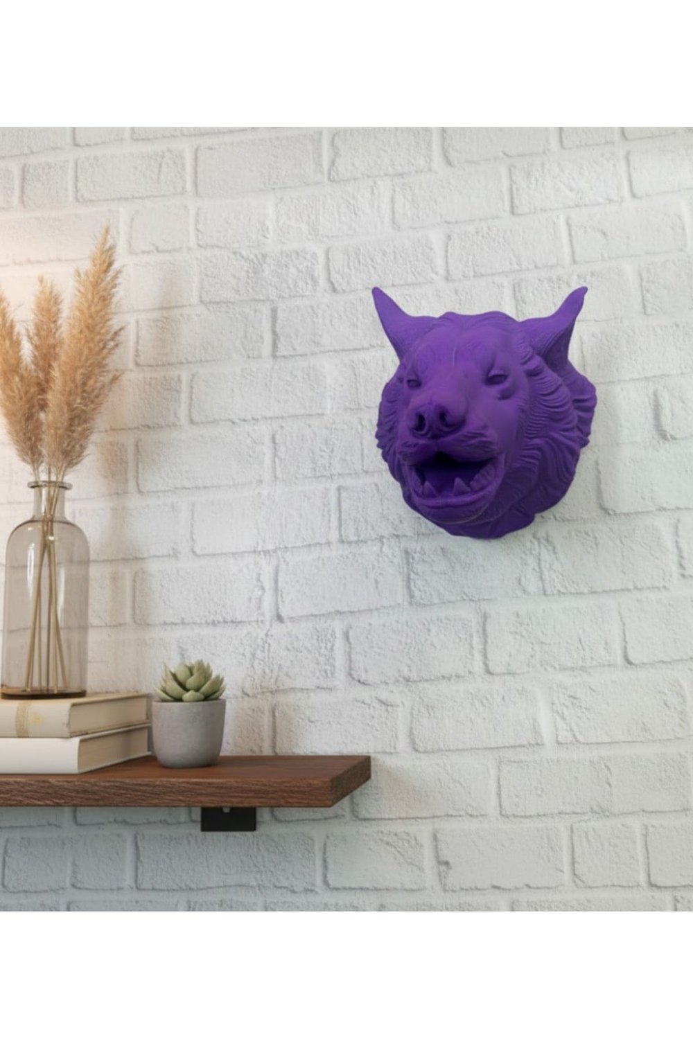 Mor Renk 3D Kurt Başı Duvar Dekoru Asılabilir Maskot Heykel 25x19 cm