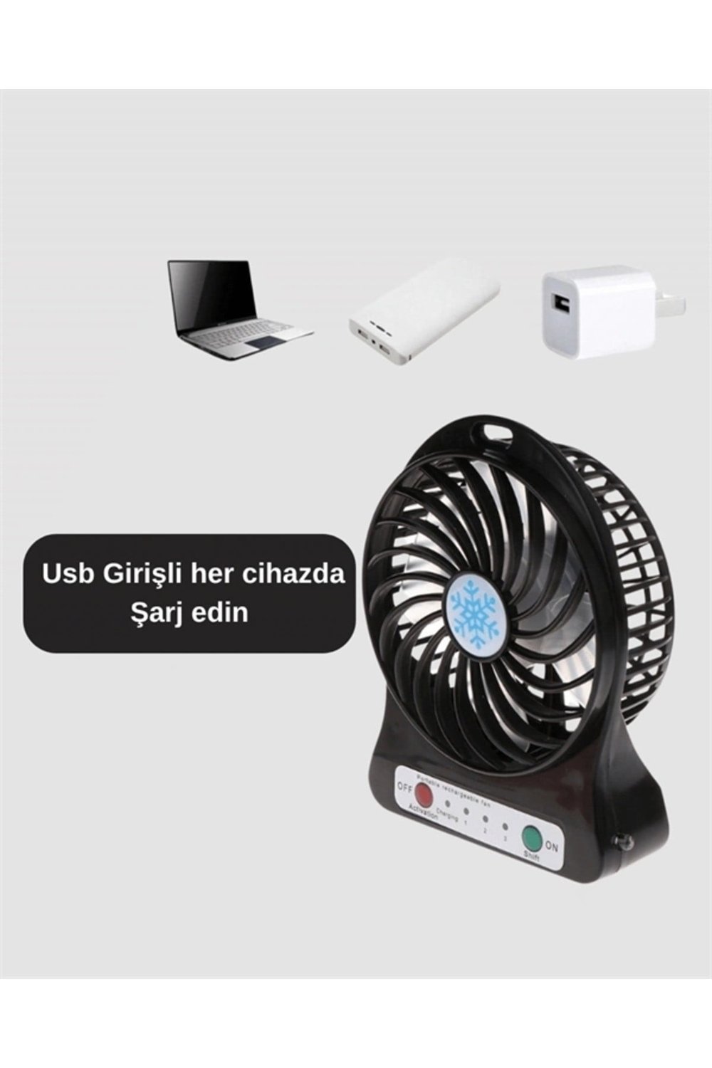 Şarjlı USB Fan – Masaüstü Mini Vantilatör, Taşınabilir, Işıklı, 3 Kademeli, Sessiz