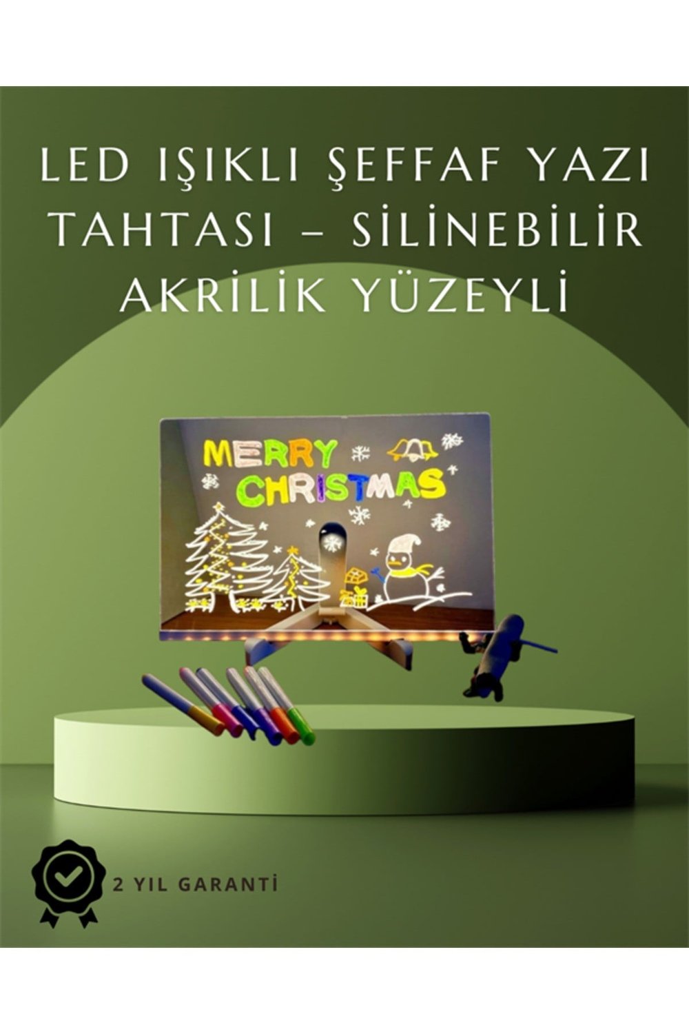 Şık ve Modern LED Pano – Neon Işıklı Silinebilir Akrilik Yazı Tahtası, 7 Renkli Kalem Dahil