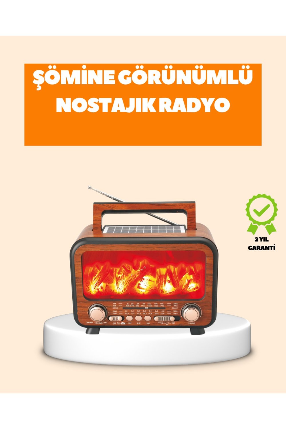 Şömine Alev Işıklı Solar Bluetooth Hoparlör – 7W Güçlü Ses, FM Radyo