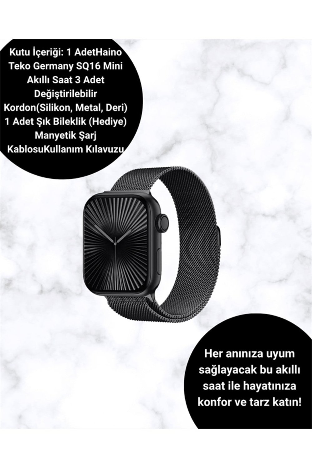 SQ-16 Mini Series 10 Akıllı Saat | Şık ve Hafif Tasarım, 3 Kordon Seçeneği