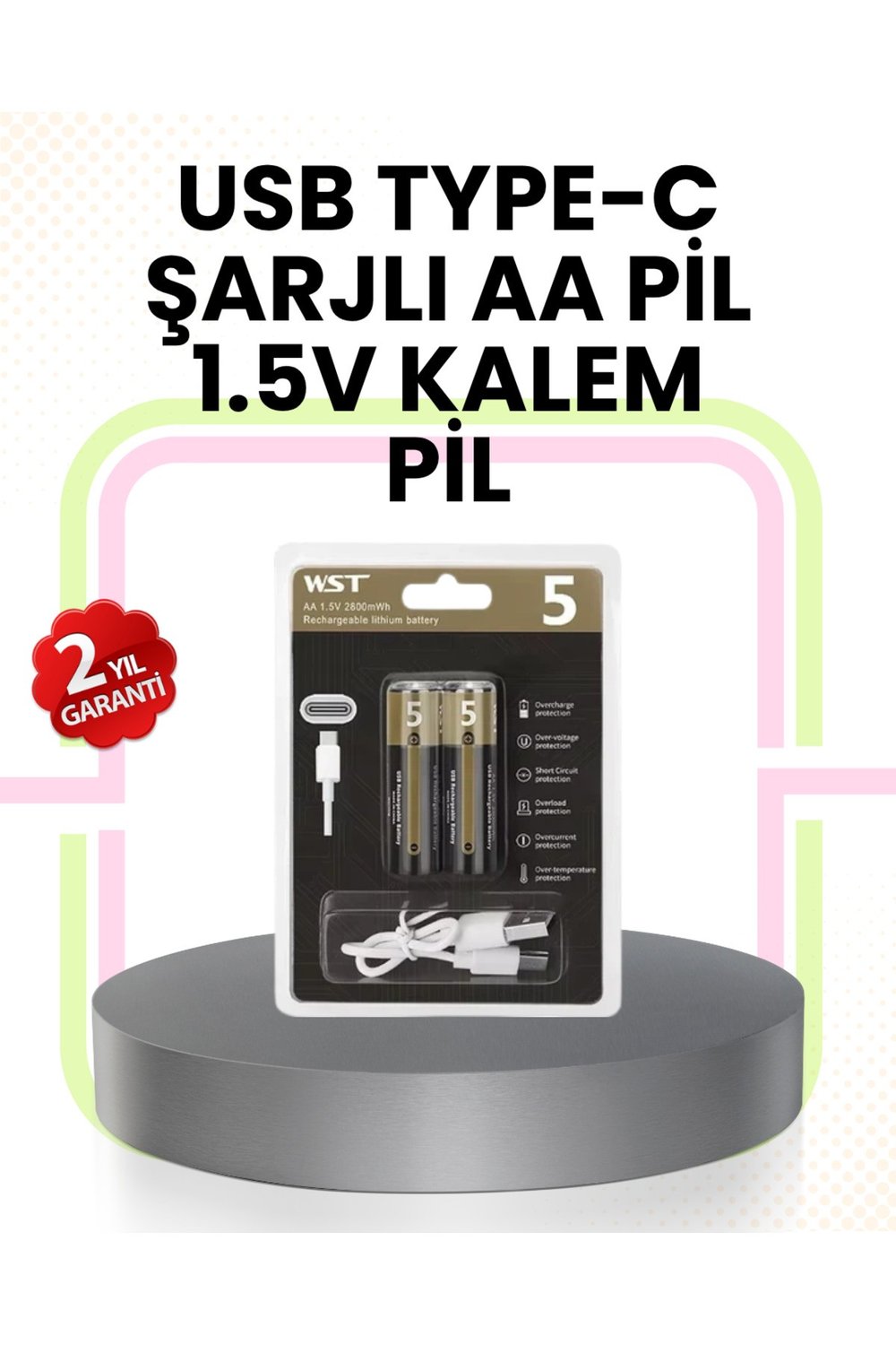 Tekrar Şarj Edilebilir AA USB Type-C Pil | 1000+ Döngü | 1.5V Sabit Voltaj