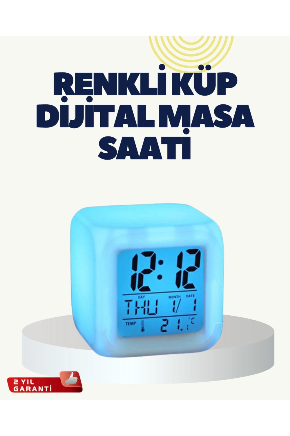Termometre ve Takvim Özellikli 7 Renk Değiştiren Küp Alarm Saati
