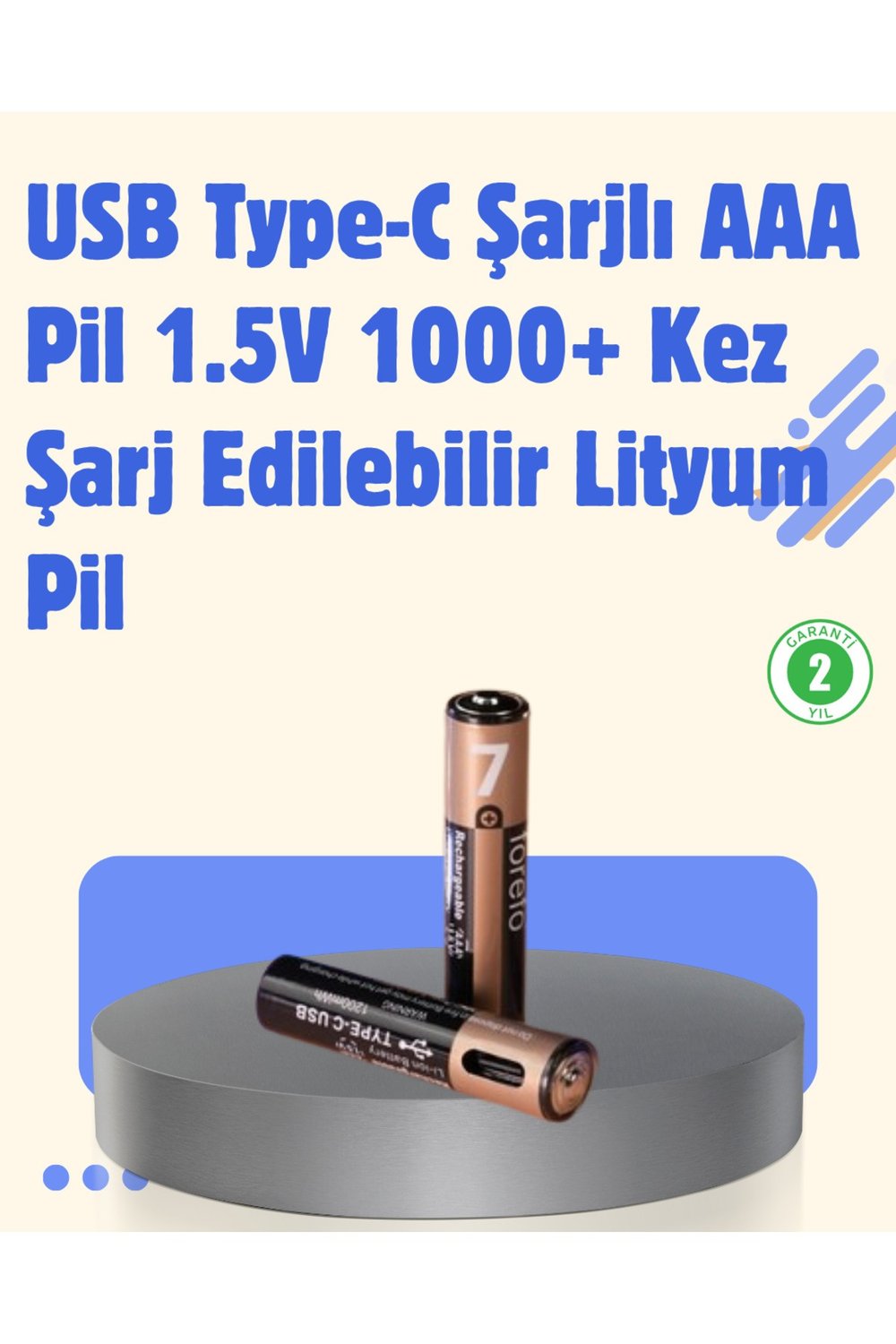 USB Type-C Şarjlı AAA Lityum Pil | 1.5V Sabit Voltaj, 1000+ Şarj Döngüsü ile Uzun Ömür