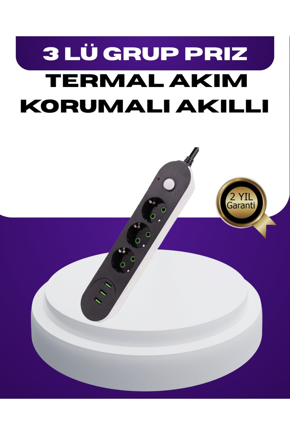 USB Yuvalı Anahtarlı Üçlü Priz 2 Metre Kablolu