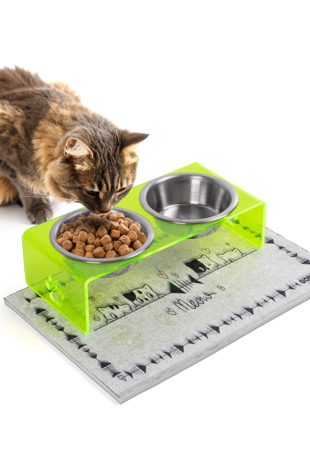 2li Yeşil Pleksi Dekoratif Kedi Ve Köpek Seramik Mama & Su Kabı Paspas Hediye