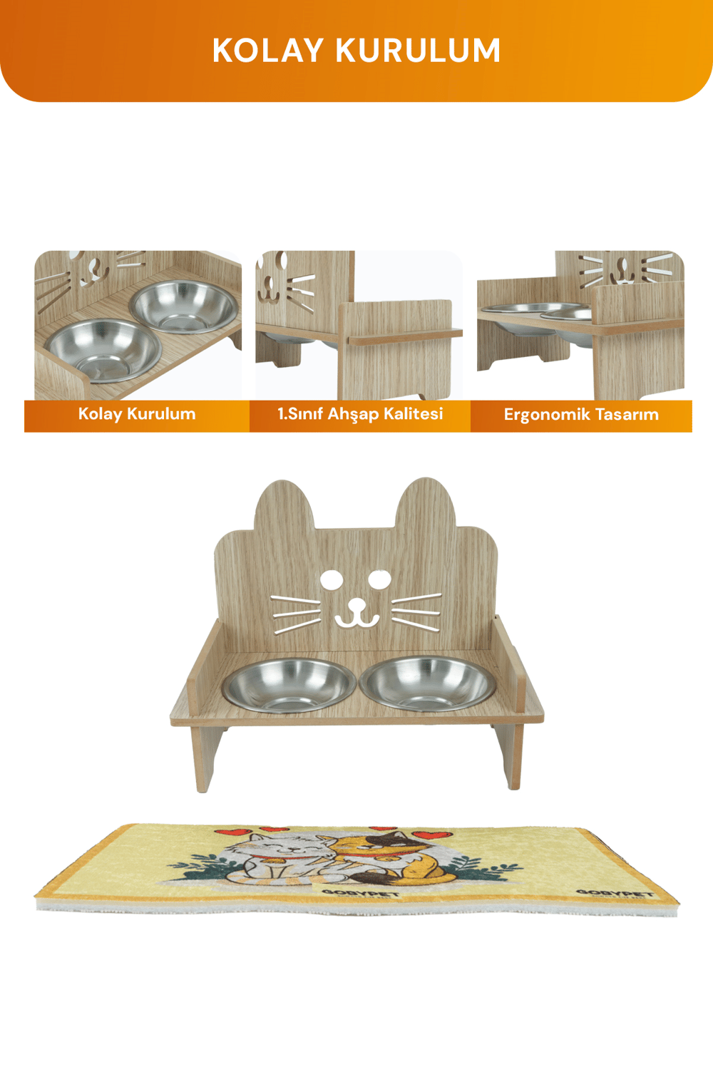 Ahşap Kulaklı Kedi Mama Su Kabı Standı, Kedi Mama Kabı, Kedi Paspası