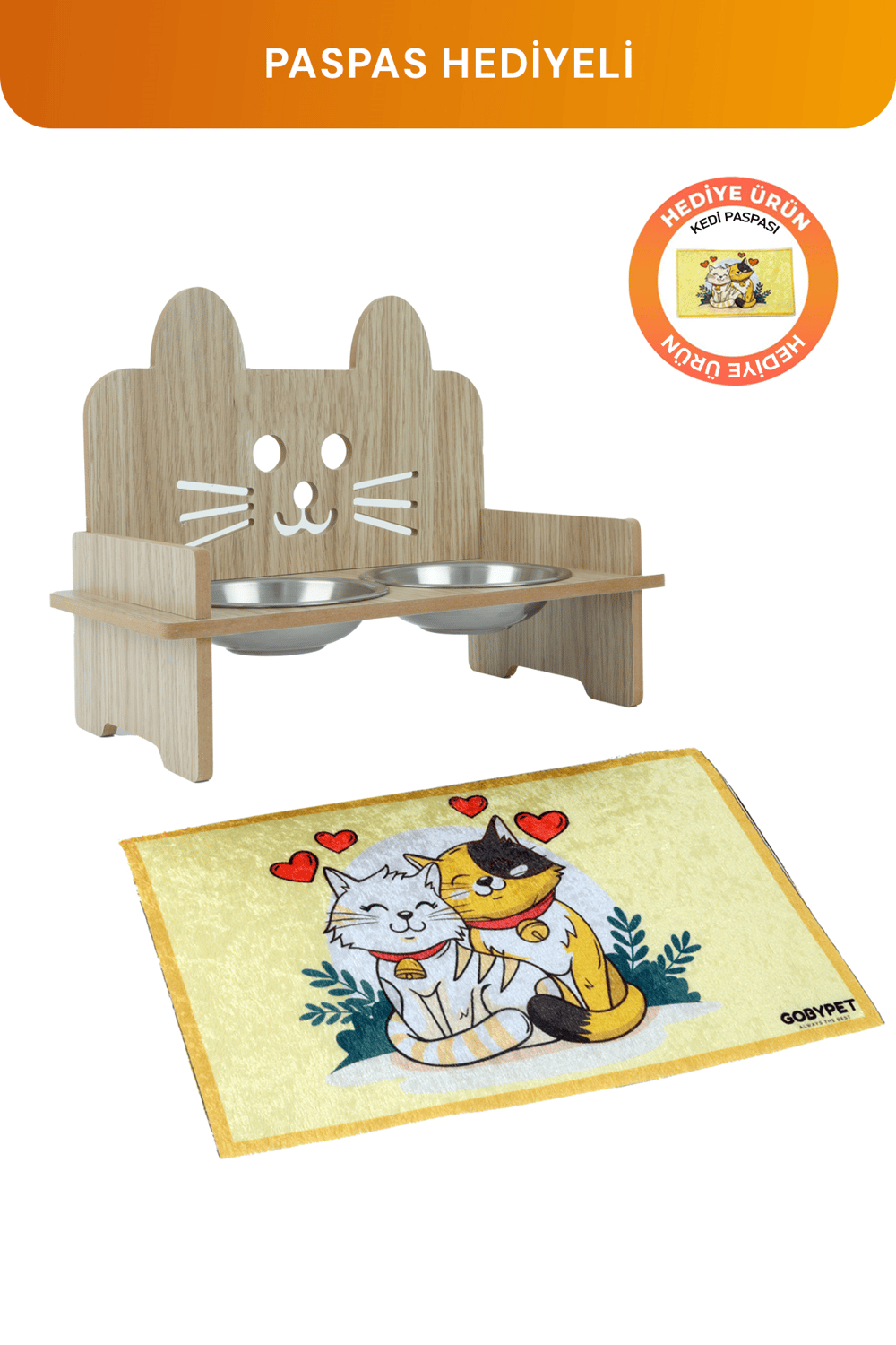 Ahşap Kulaklı Kedi Mama Su Kabı Standı, Kedi Mama Kabı, Kedi Paspası