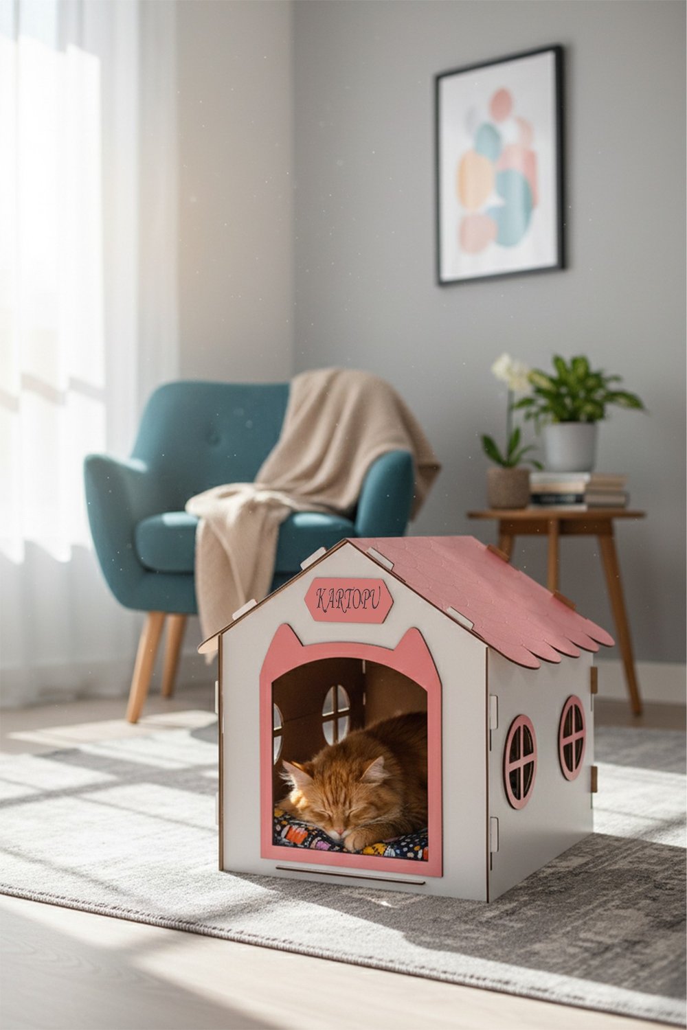 Ahşap Özel İsim Baskılı Dekoratif Kedi Evi-Kulübesi, Kediler İçin Kulübe, Kedi Kulübesi Beyaz-Pembe