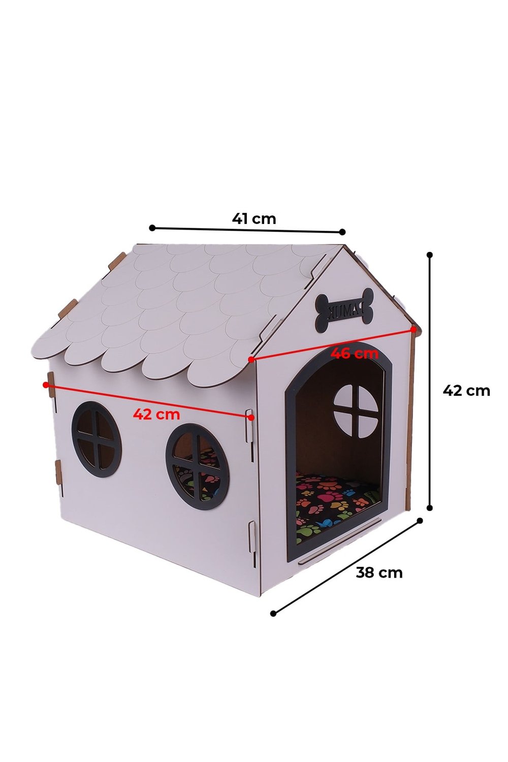 Ahşap Özel İsim Baskılı Dekoratif Köpek Evi-Kulübesi, Küçük Irk Köpekler İçin Kulübe, Köpek Kulübesi Beyaz-Siyah