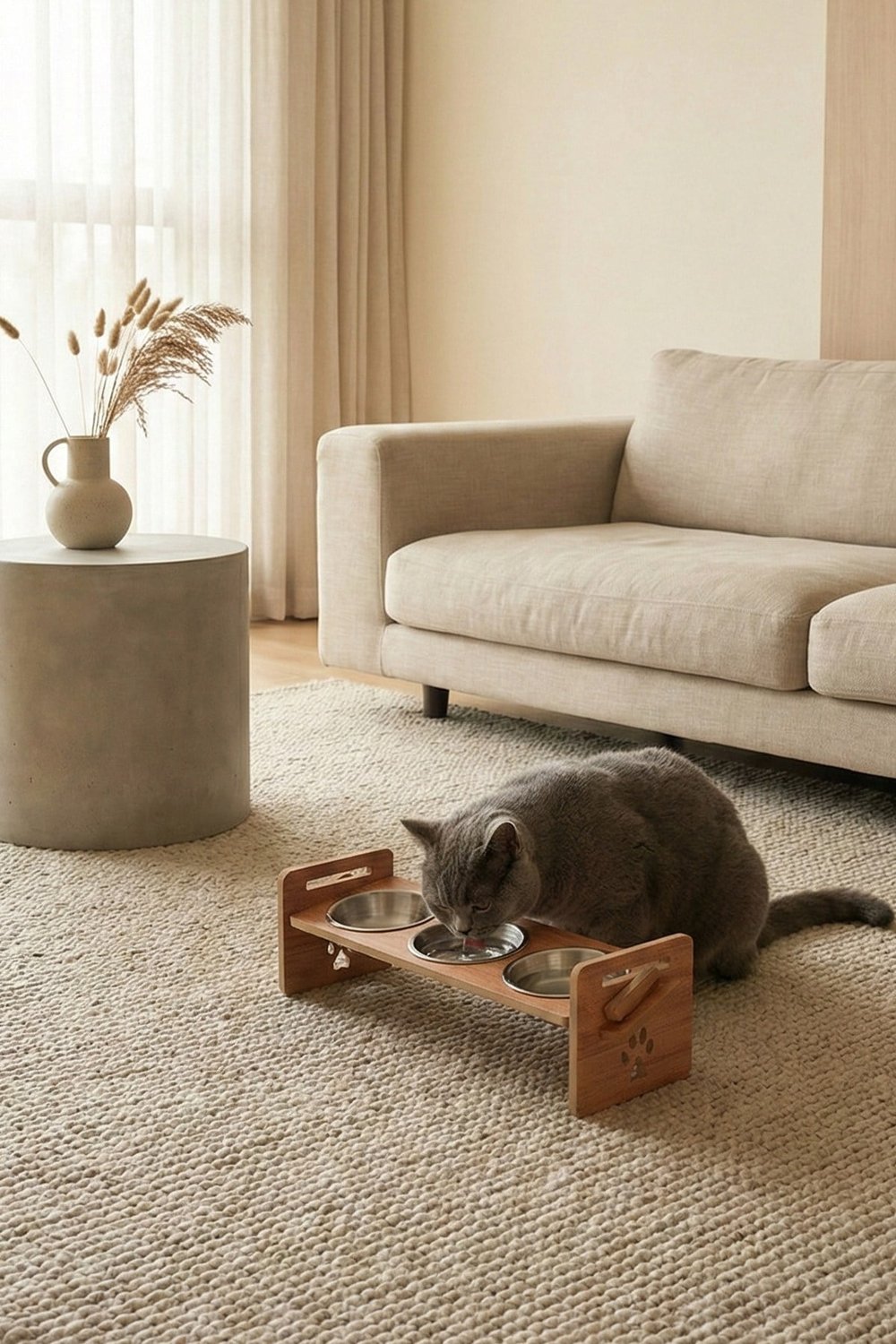 Ahşap Üç Gözlü Ayarlanabilir Kedi-Köpek Mama Ve Su Kabı