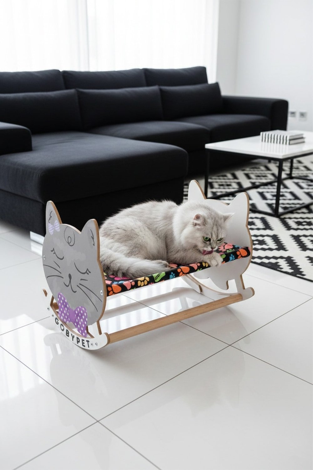 Sevimli Uykucu Kedi Tasarımlı Sallanan Kedi Beşiği