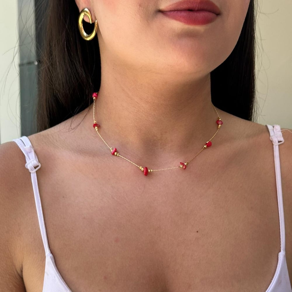 14K Altın Kaplama Mercan Taşlı Zincir Kolye