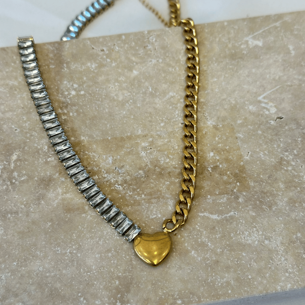 Baget Taş Dizimli & Yarı Gurmet Zincirli Kalp Gold Kolye