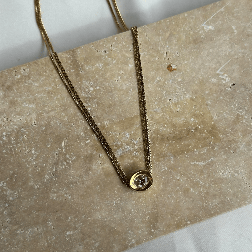 Çift Sıra İkili Zincirli Zirkon Taşlı Gold Kolye