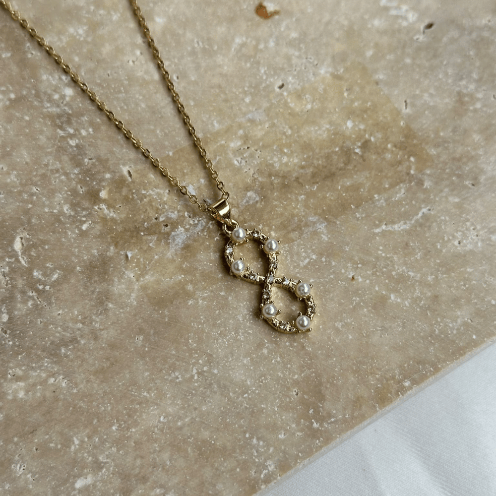 İnci ve Zirkon Taşlı Sonsuzluk Gold Kolye