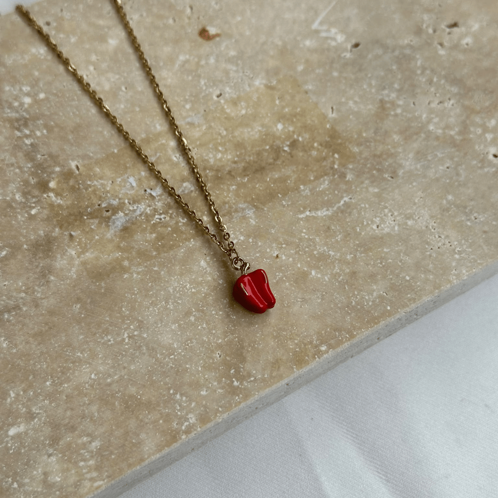 Kırmızı Mineli Dolmalık Biber Charm Gold Kolye
