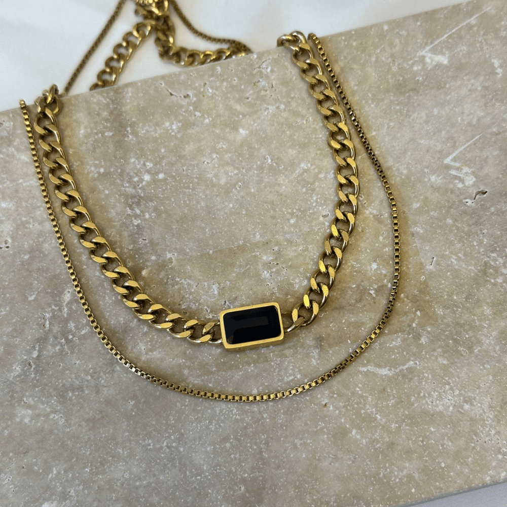 Siyah Baget Taşlı İkili Bold Gurmet Zincir Gold Kolye