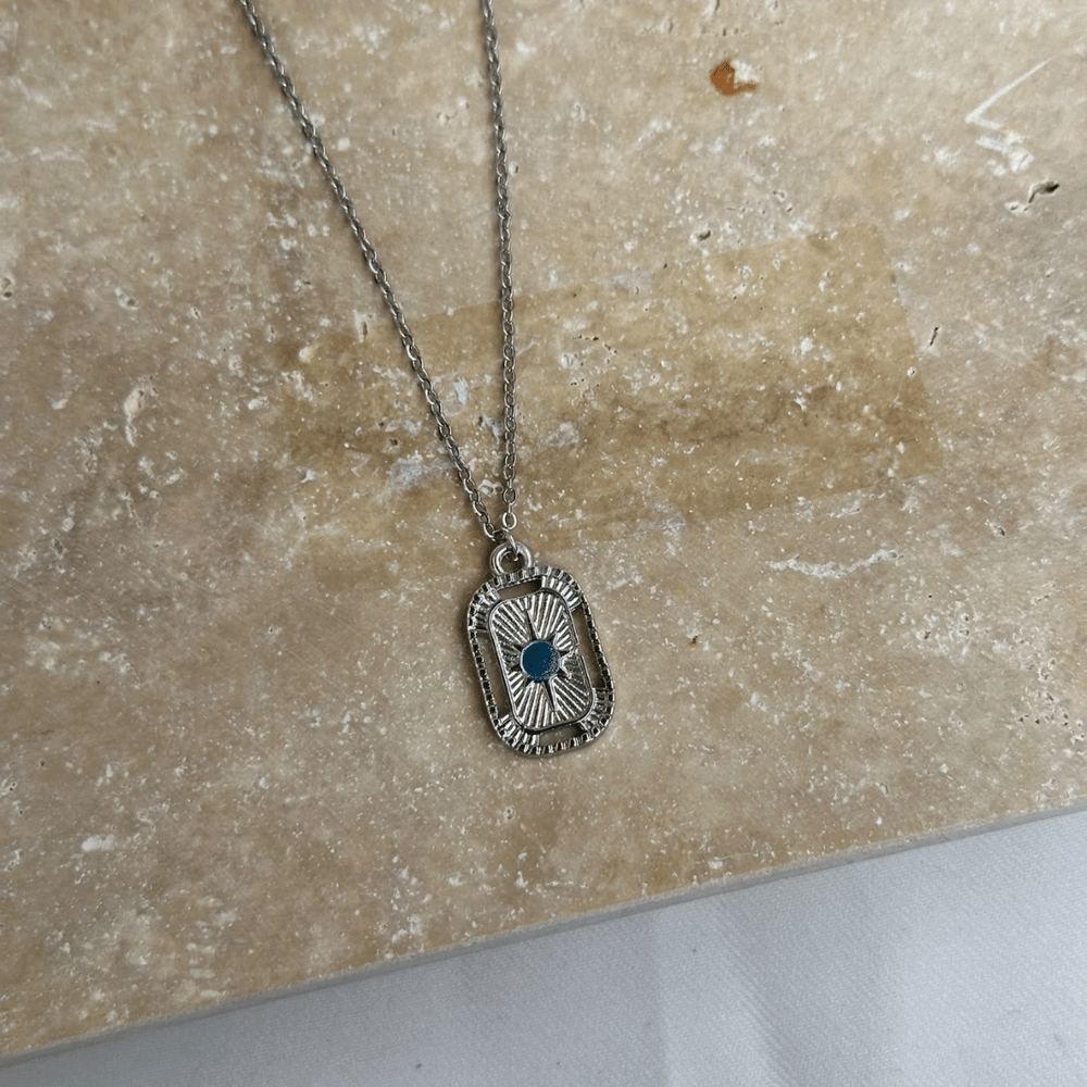 Turkuaz Taşlı Güneş Işını Plaka Silver Kolye