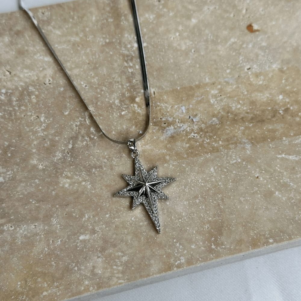 Zirkon Taş İşlemeli Kuzey Yıldızı Yılan Zincir Silver Kolye