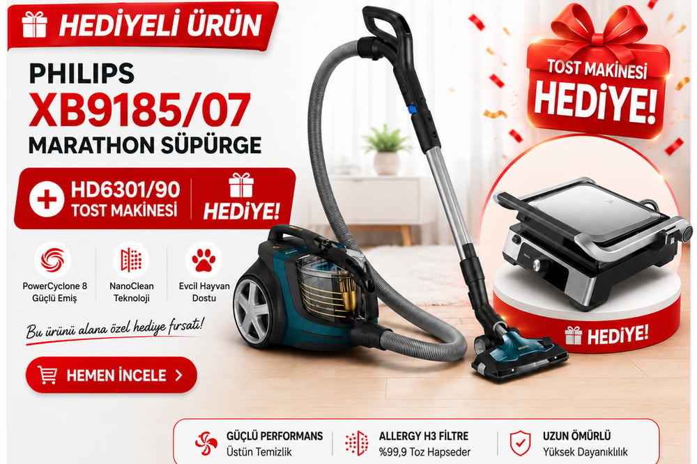 PHILIPS XB9185/07 Marathon Süpürge + HD6301/90 Tost Makinesi Hediyeli