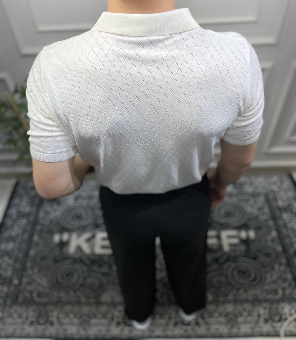 Ajur Desenli Polo Yaka - Beyaz