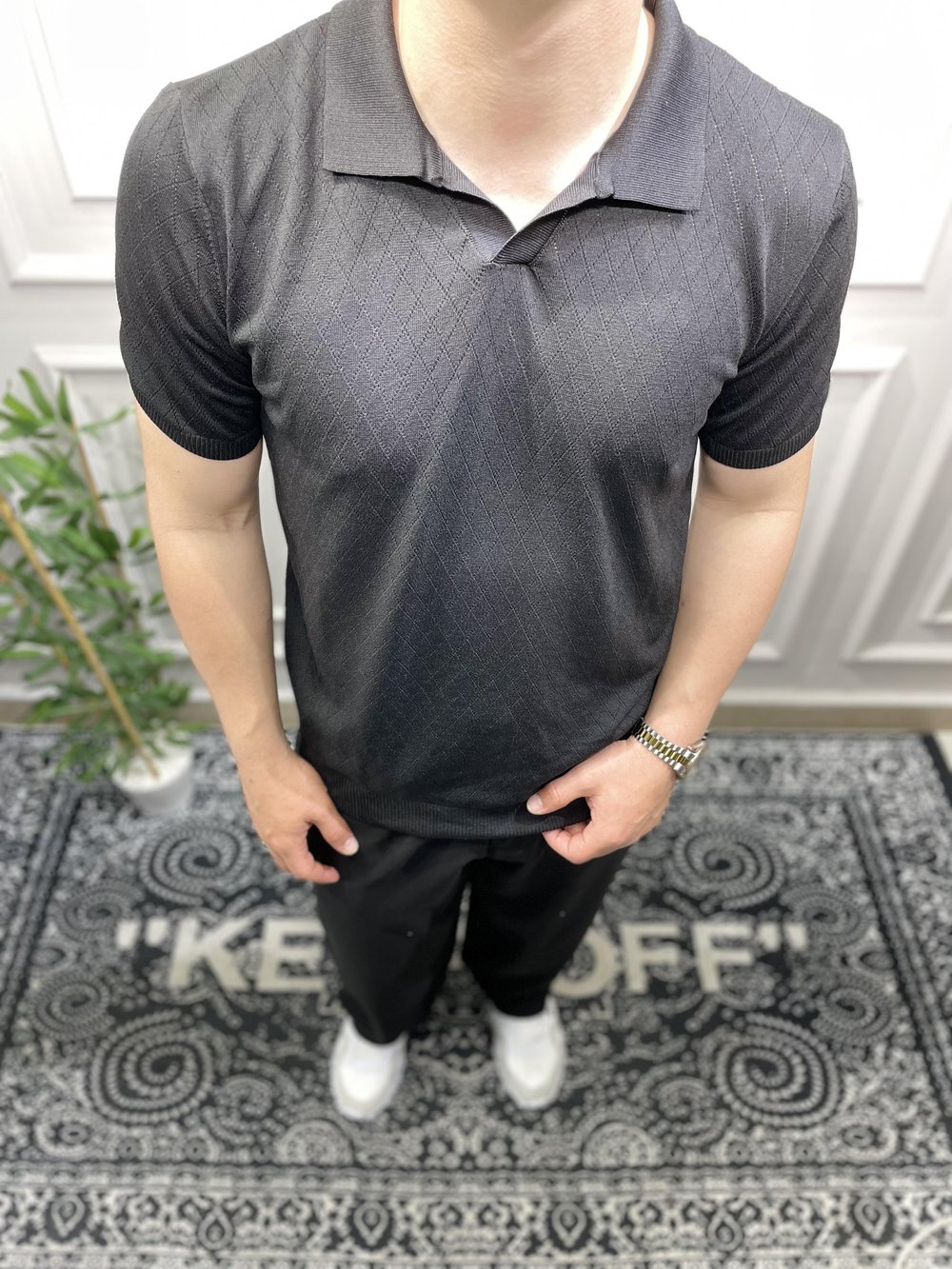 Ajur Desenli Polo Yaka - Siyah