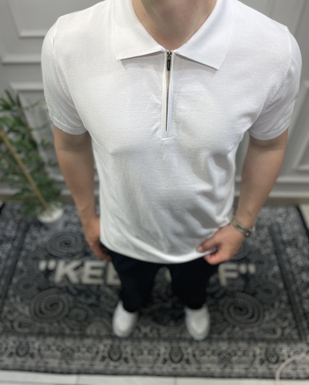 Fermuarlı Polo Yaka Triko - Beyaz