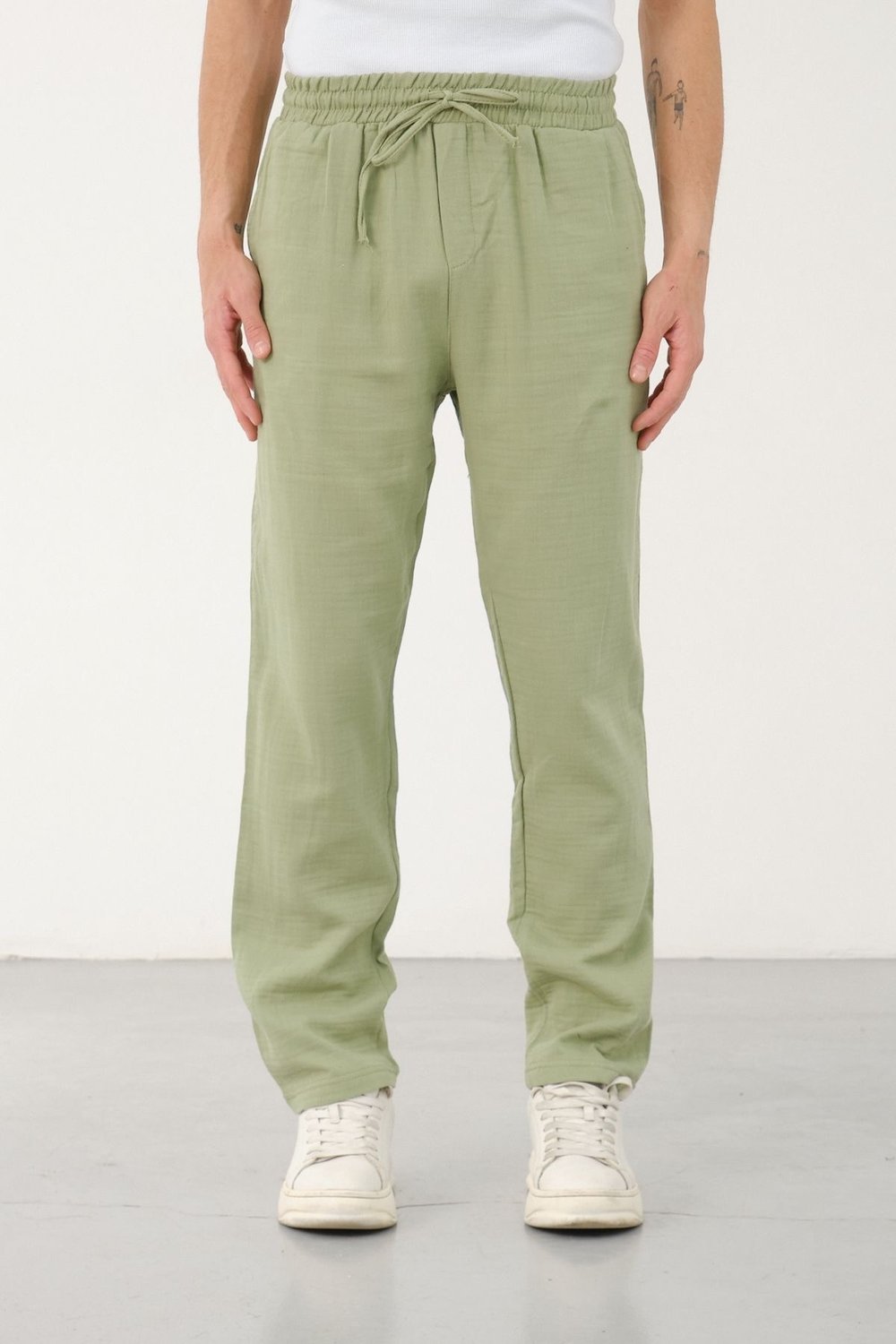 Müslin Gabardin Baggy Pantolon Fıstık Yeşil - Wng9038