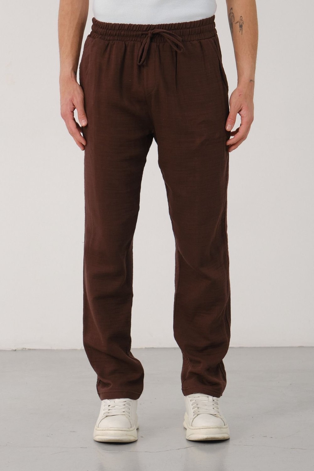 Müslin Gabardin Baggy Pantolon Kahverengi - Wng9038