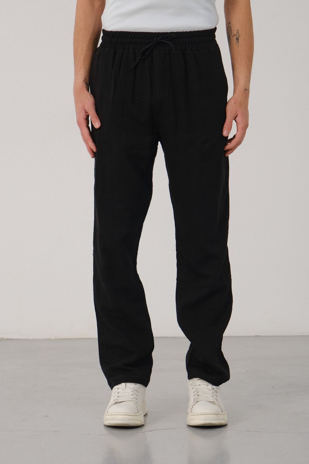 Müslin Gabardin Baggy Pantolon Siyah - Wng9038