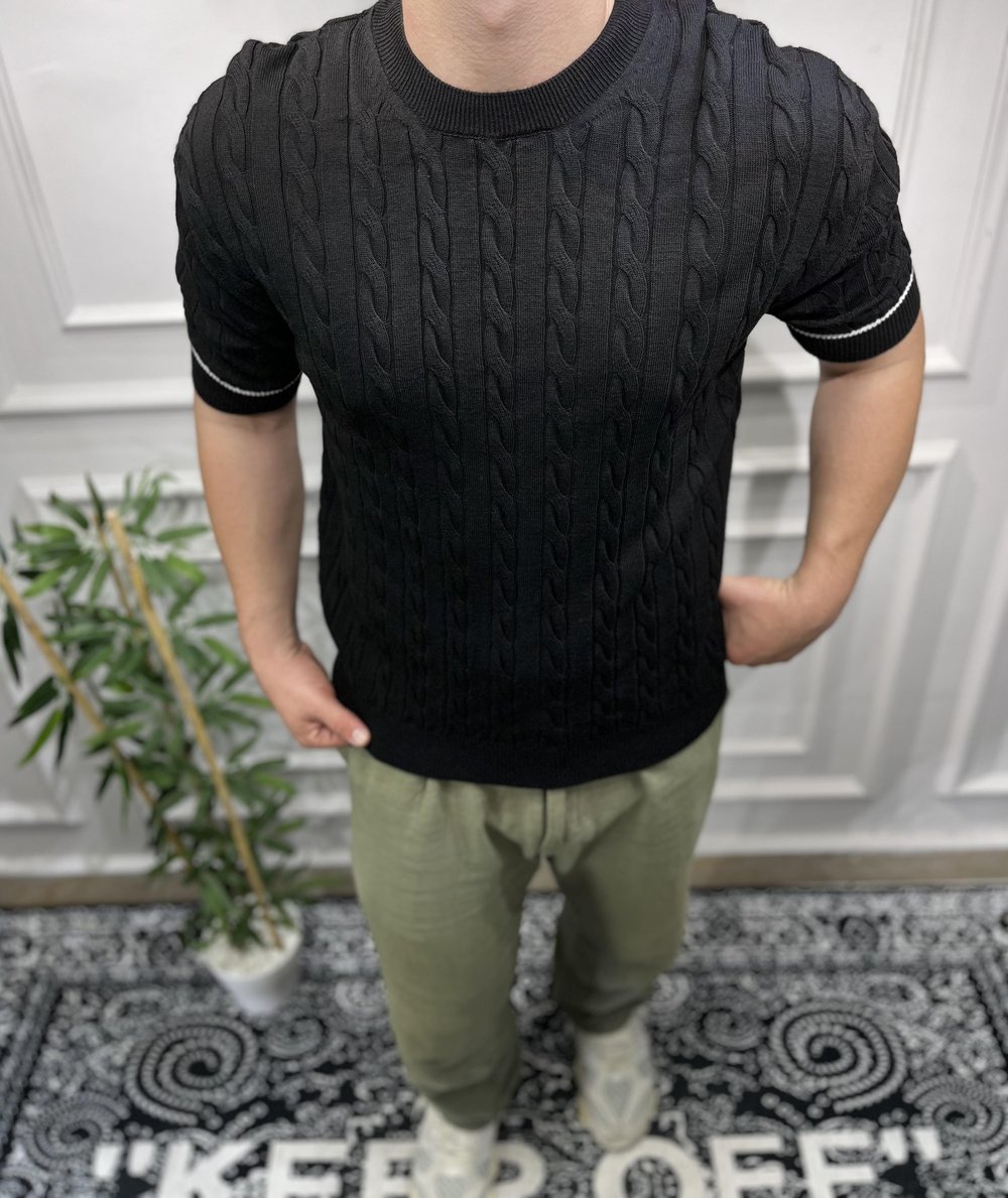 Örgü Desenli T-Shirt - Siyah