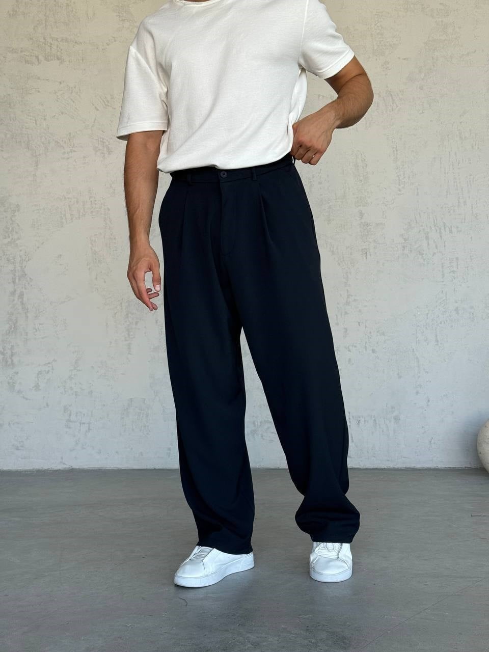 Pileli Baggy Kumaş Pantolon Lacivert - W11