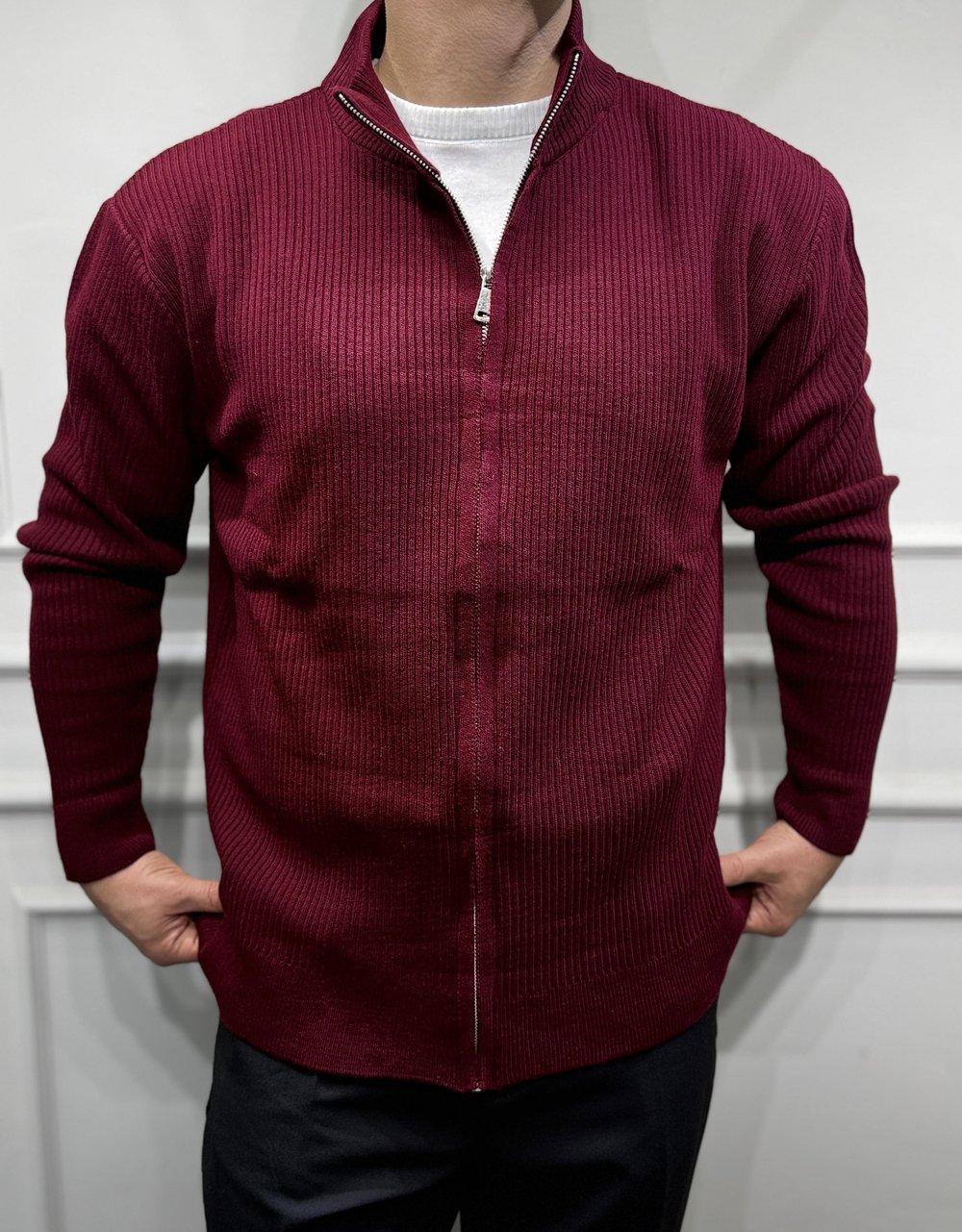 Tam Fermuarlı Basic Hırka - Bordo