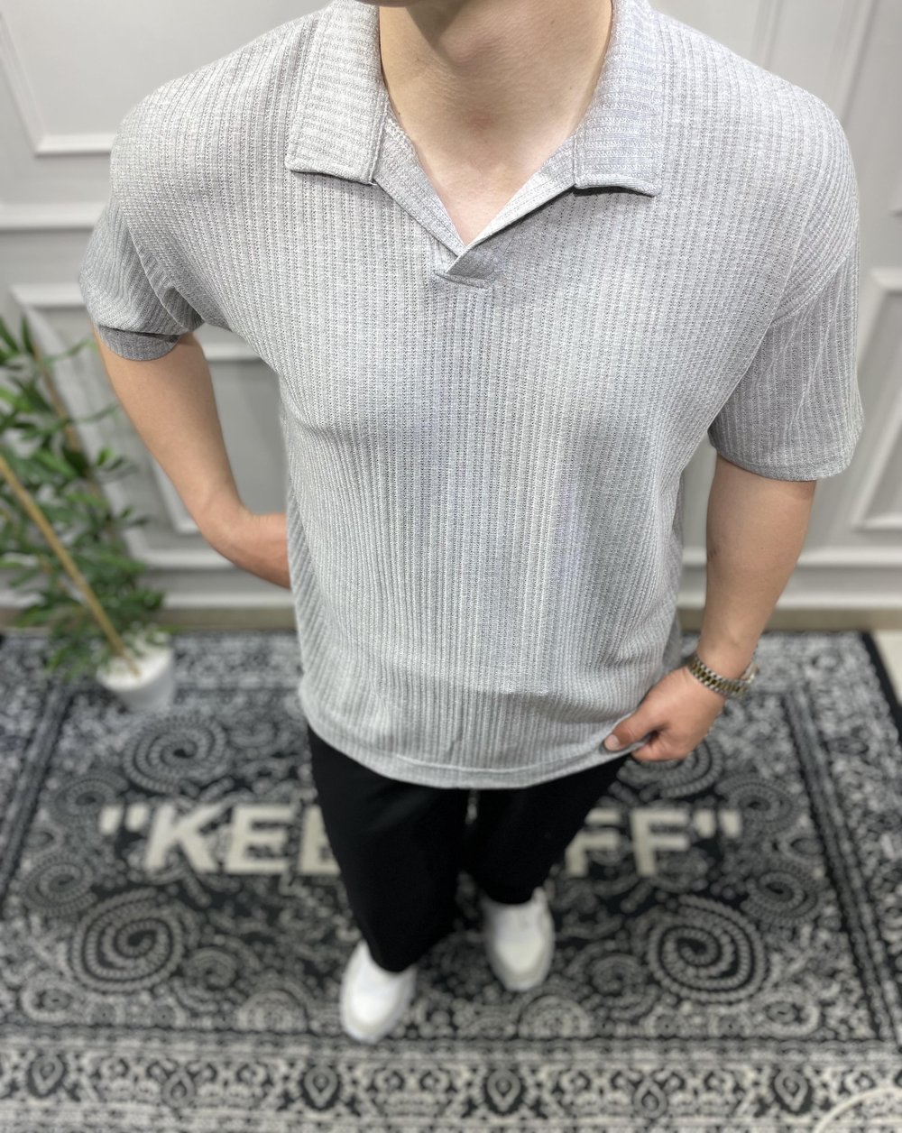 Yakalı Fitil Desenli T-Shirt - Gri
